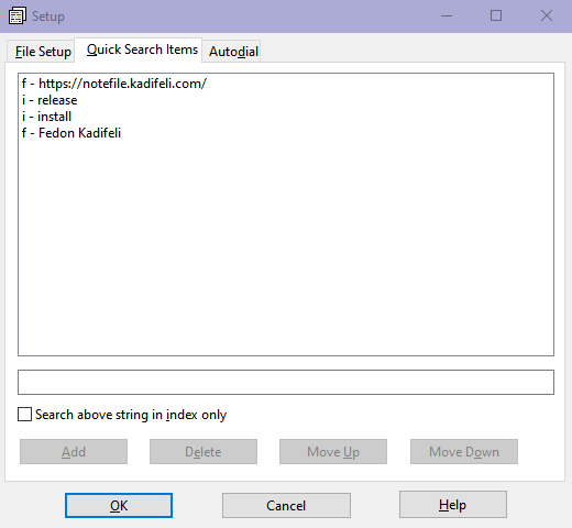 Quick Search Items dialog box